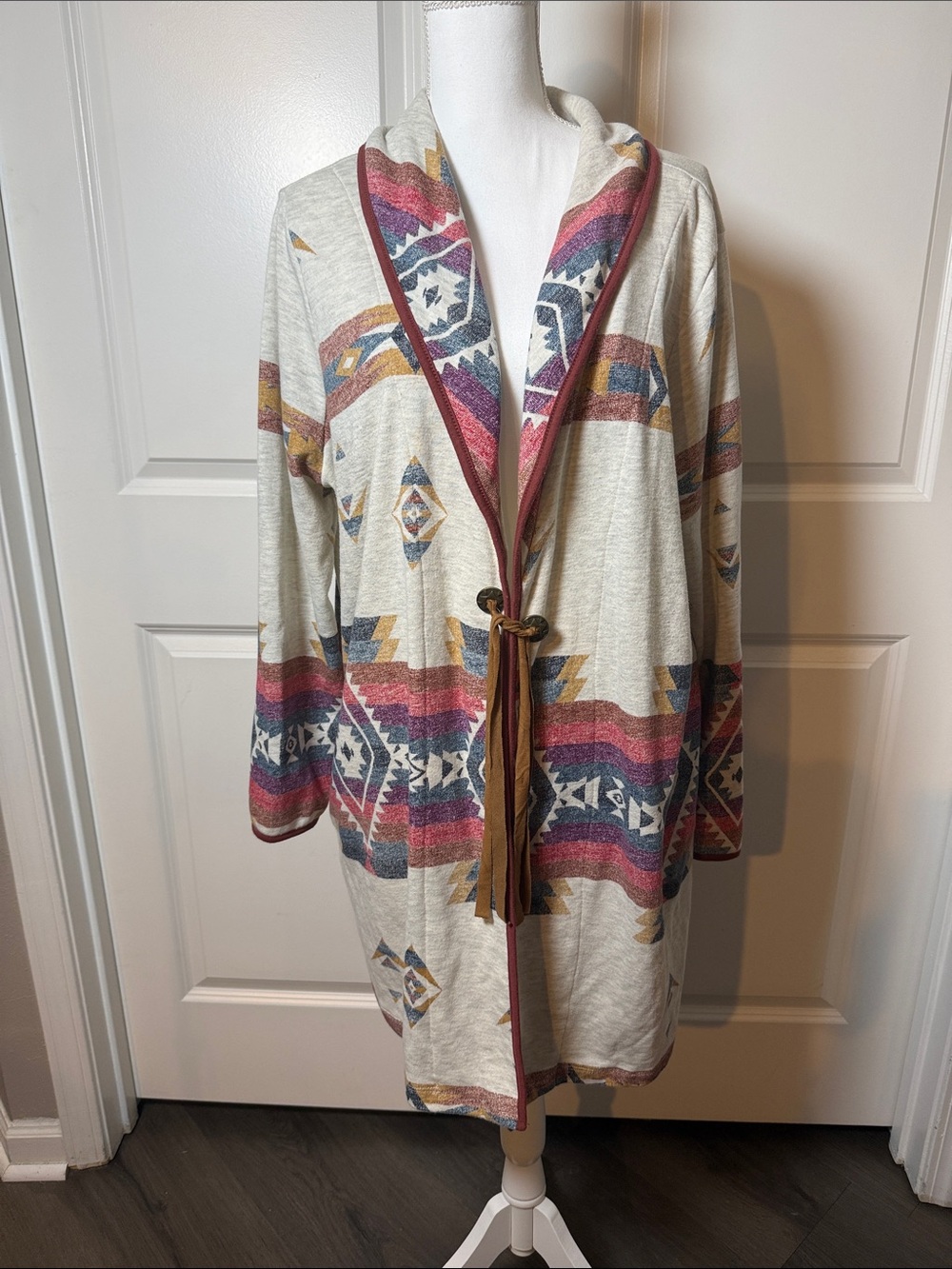 Aztec-Pattern Hooded Open Cardigan Sweater - Cream with Pink & Blue Accents XXL
